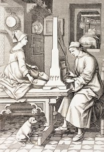 Músico alemão tocando um órgão portátil, de &39;El Mundo Ilustrado&39;, publicou Barcelona, 1880 de Israel van Mecken